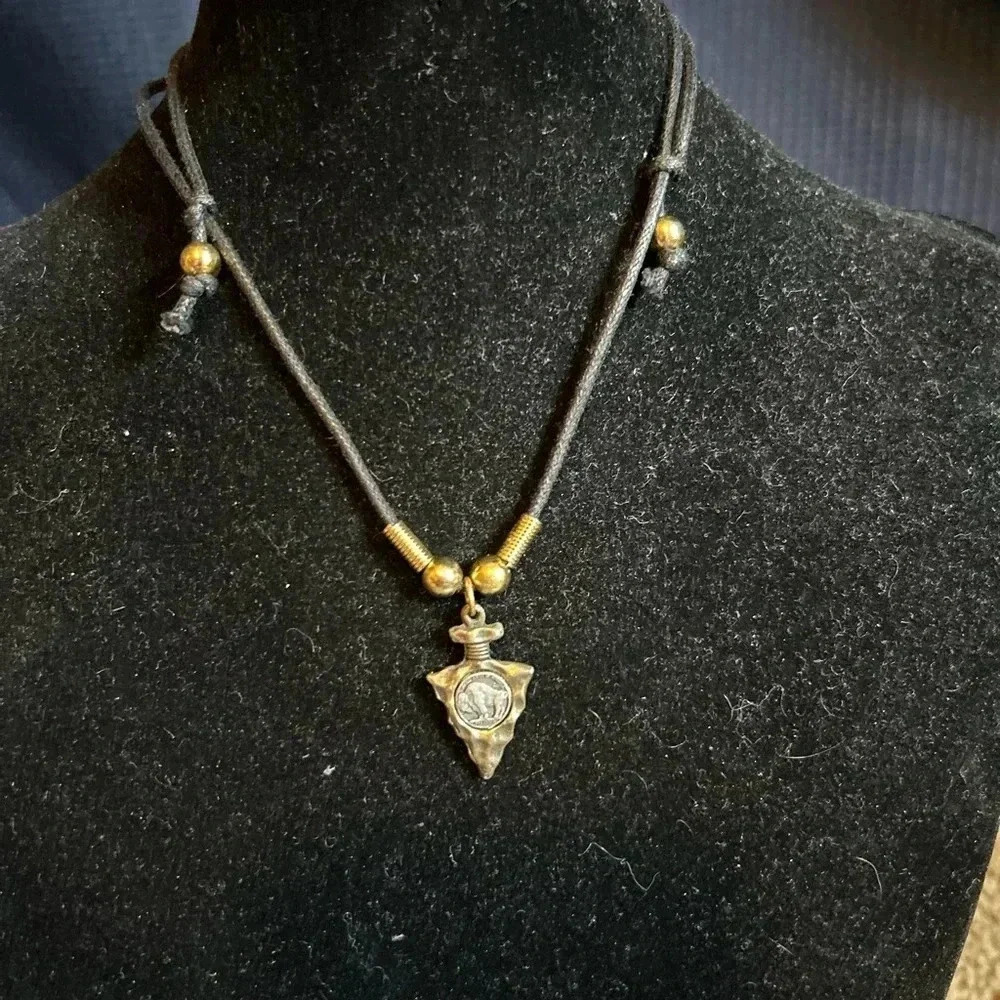 Arrowhead Buffalo Coin Pendant Adjustable Black Cord Necklace Gold Tone Accents
